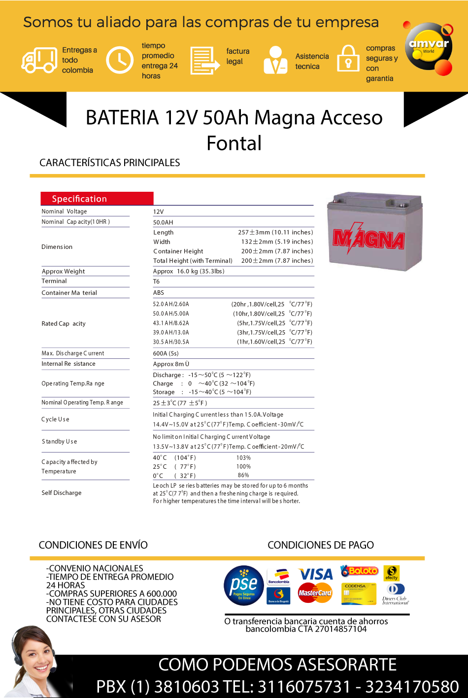 BATERIA 12V 50Ah Magna Acceso Fontal