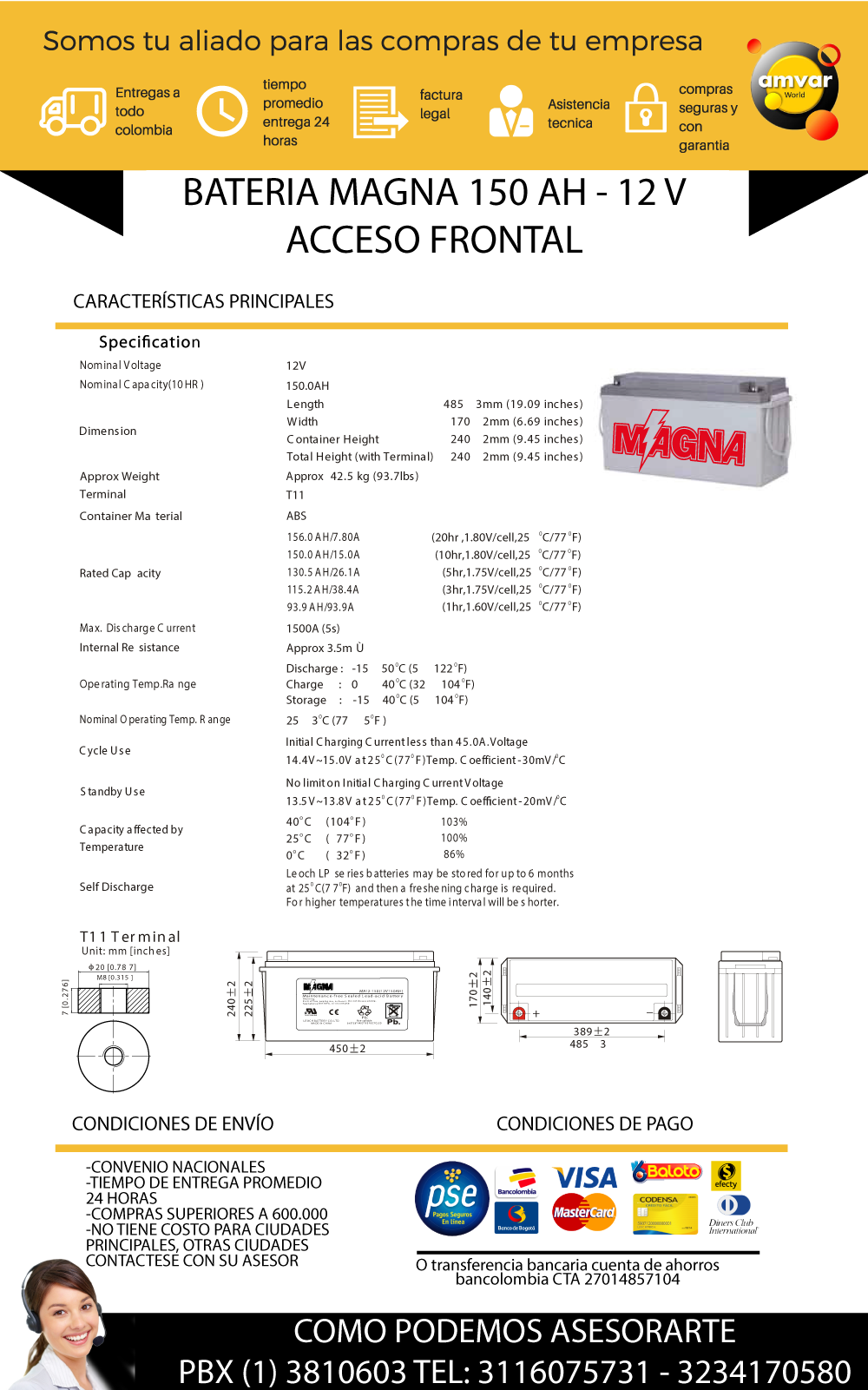 BATERIA 12V 150AH MAGNA ACCESO FRONTAL